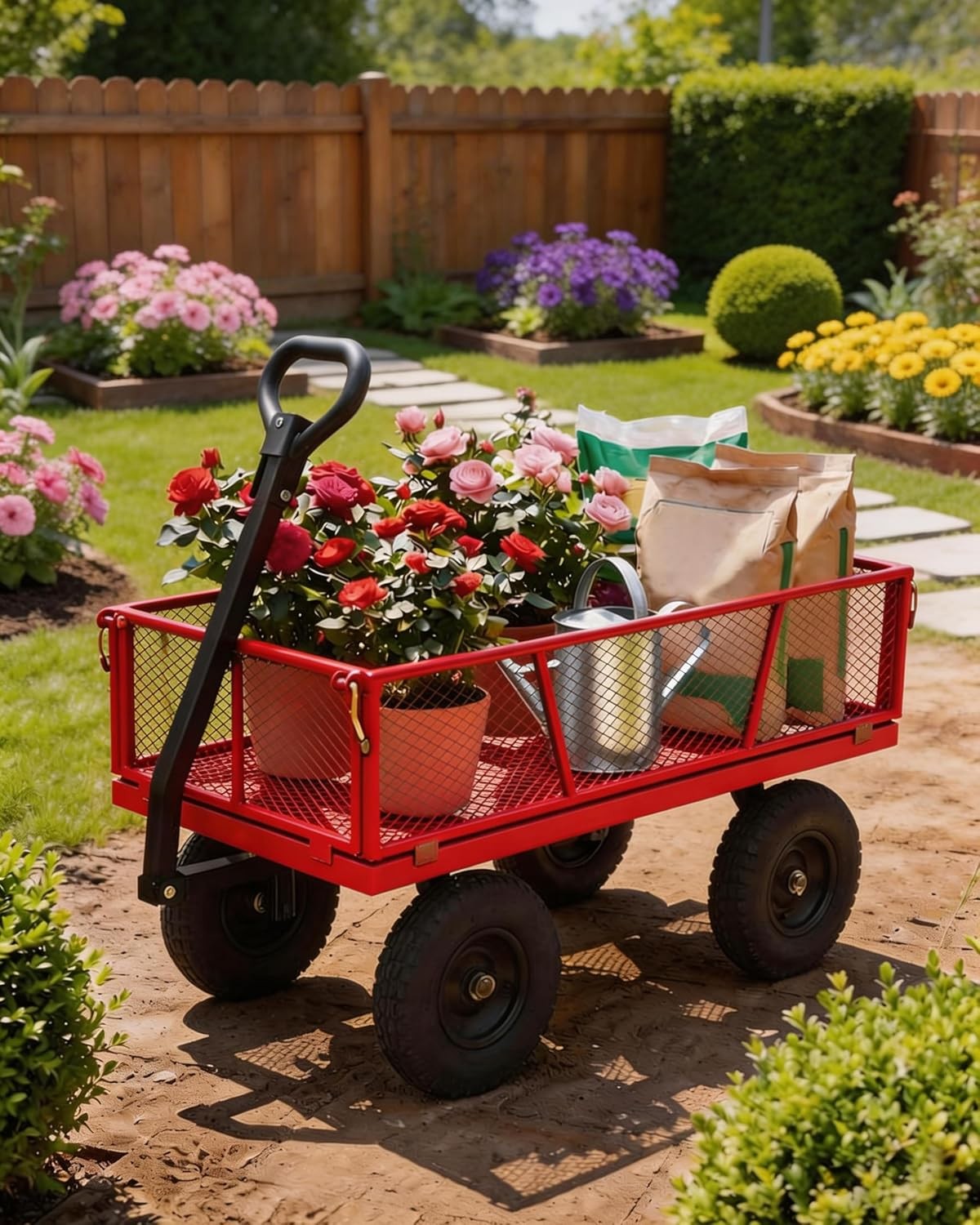 400 LBS Capacity Steel Utility Wagon with 10″ All-Terrain RED Cart, Garden