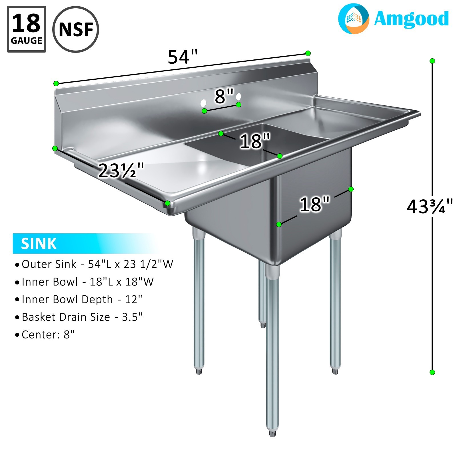54 in. x 23.5 in. Stainless Steel One Compartment Sink with 18 in. x 18 in. Bowl