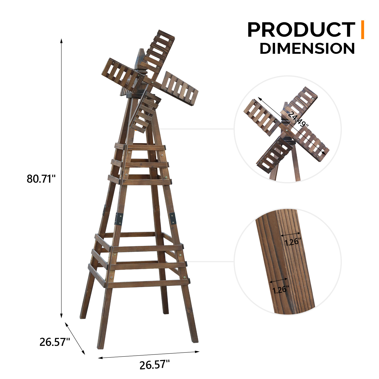 6FT Wood Windmill Backyard Garden Decoration Weathervane Freestanding, Brown