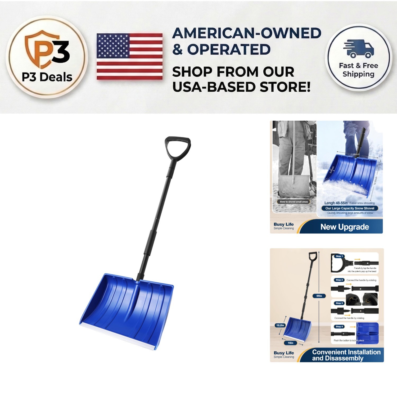 55-Inch Ergonomic Snow Shovel with Wide 16-Inch Blade for Effortless Clearing