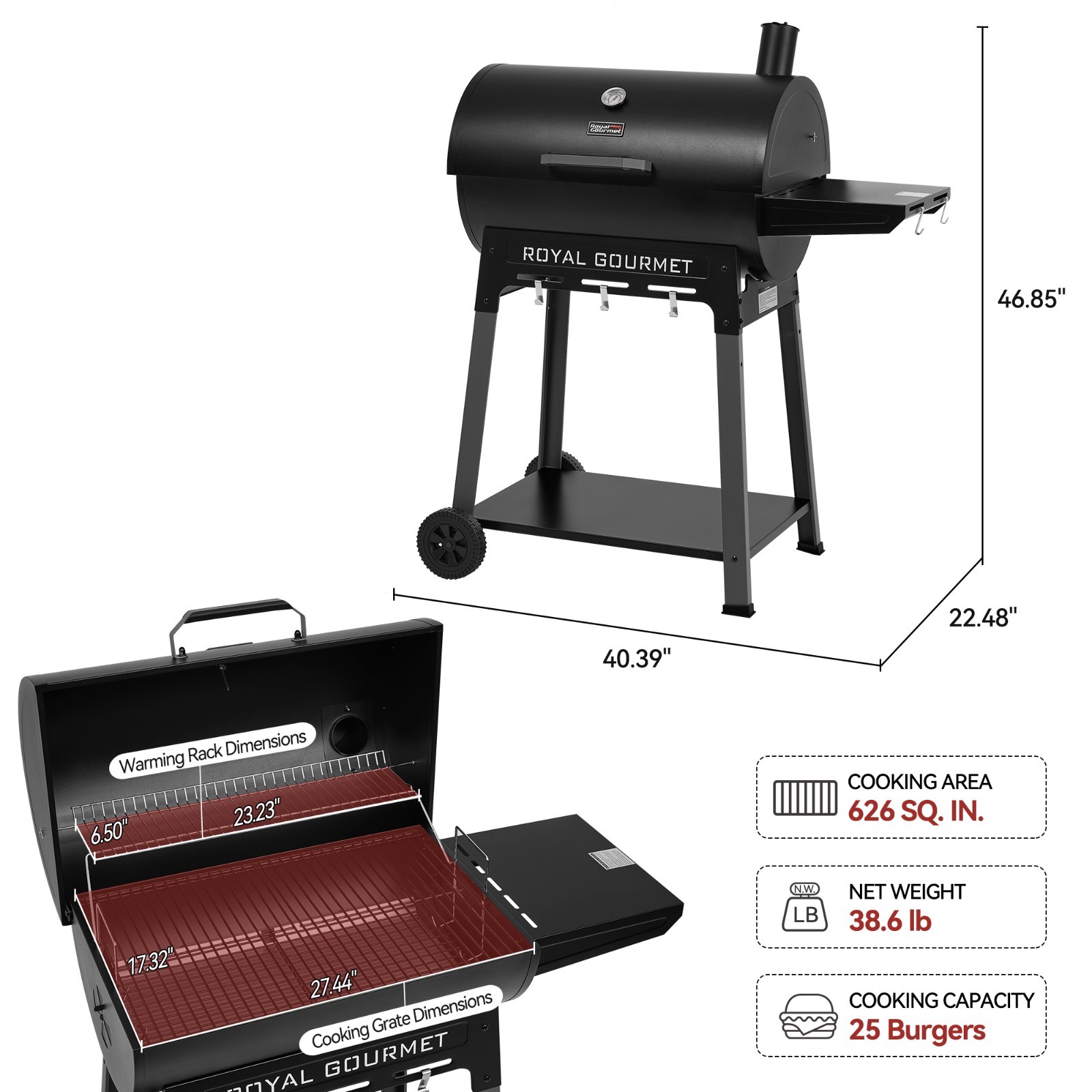 Royal Gourmet Outdoor Grill with Side Shelf Barrel Charcoal Grill for Backyard