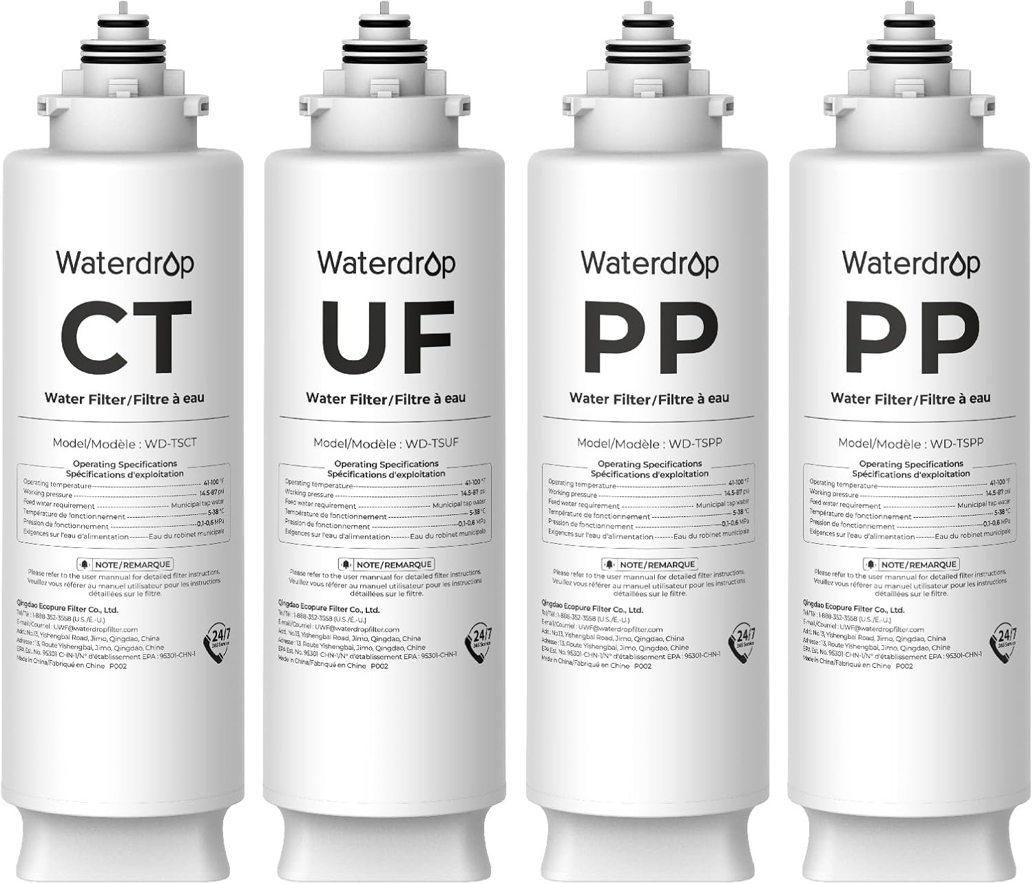 Waterdrop TSU 1-Year Under Sink Water Filter Replacement, 4-Pack (2PP+1UF+1CT)