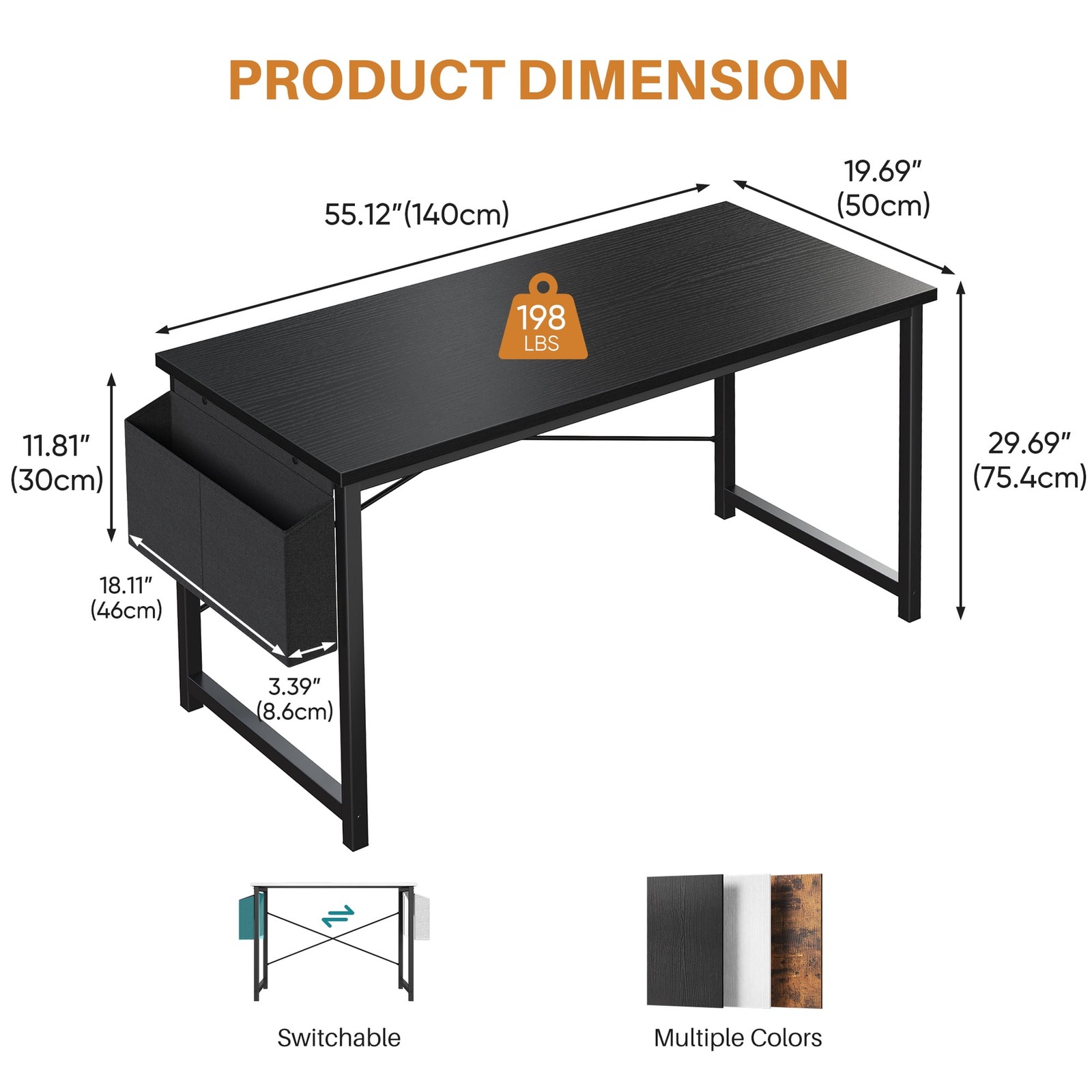 31-55 Inch Modern Computer Desk w/Storage Bag&Hook,Home Office Study Write Table
