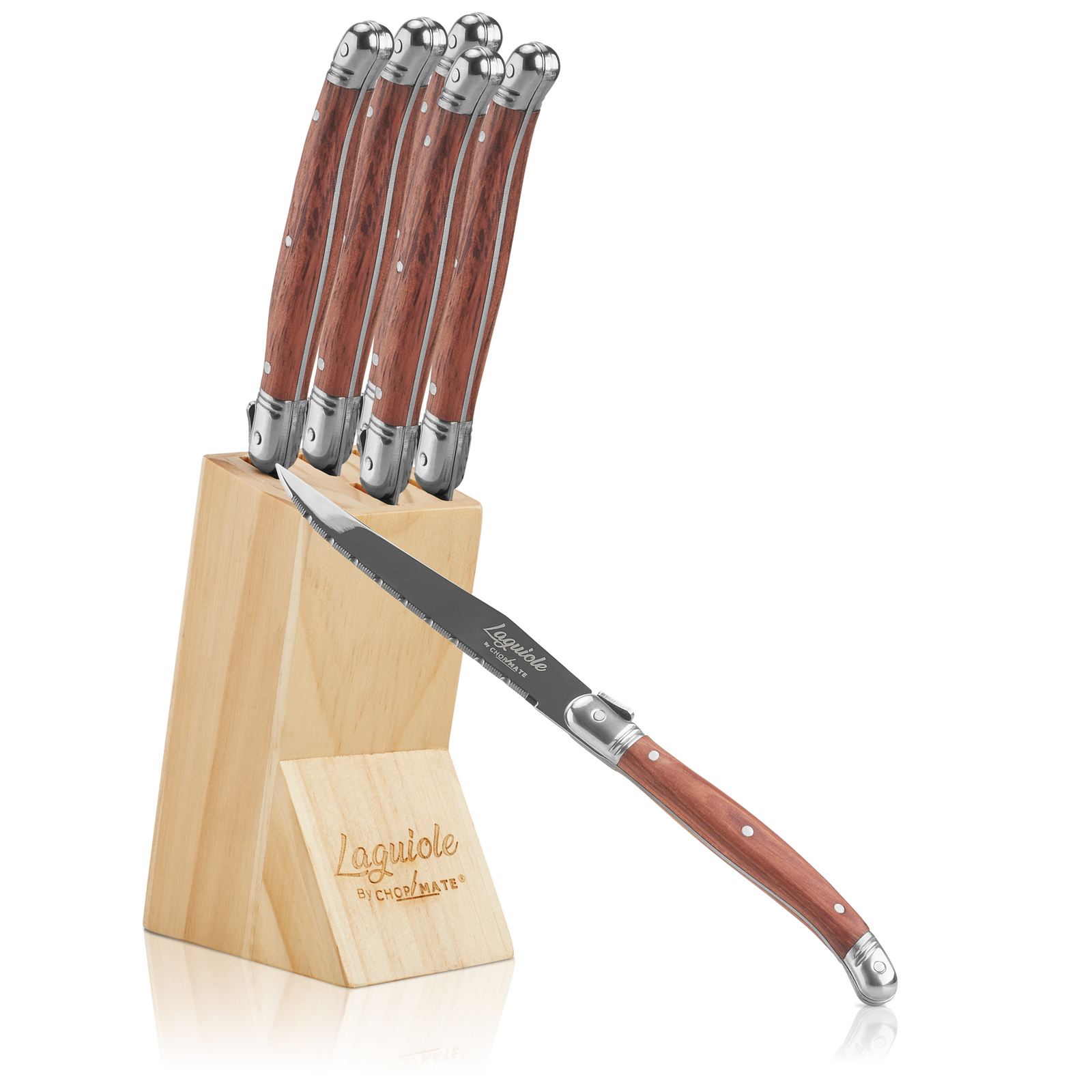 Chopmate Laguiole Stainless Steel Steak Knives Knife Set + Storage Block (Wood)