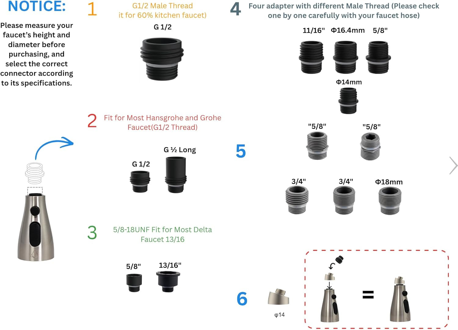 Ecokitchen5Stars Pull down Kitchen Faucet Spray Head Replacement & Aerator, C…