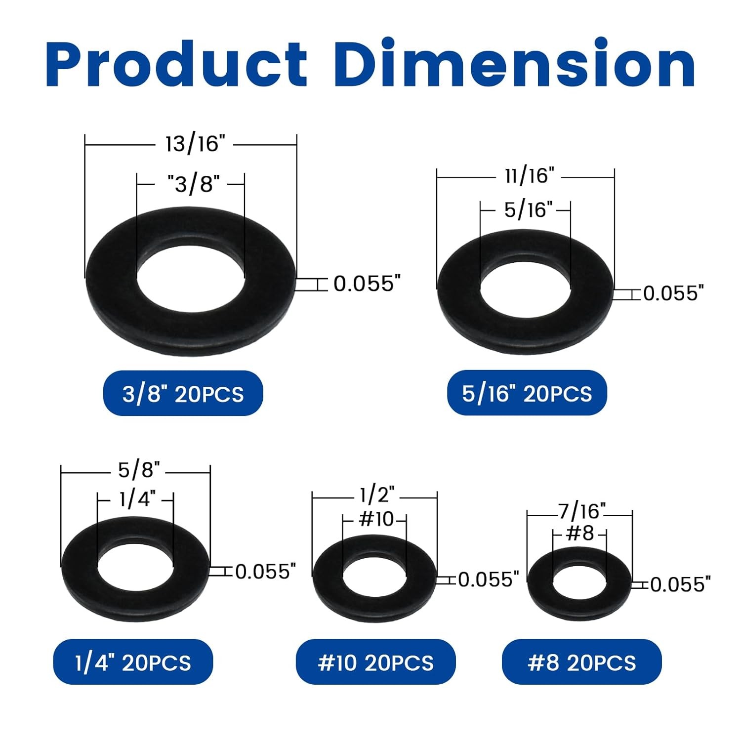 100 Pcs 5 Sizes Washers Assortment Kit, Black 304 5 Sizes-Black 100pcs