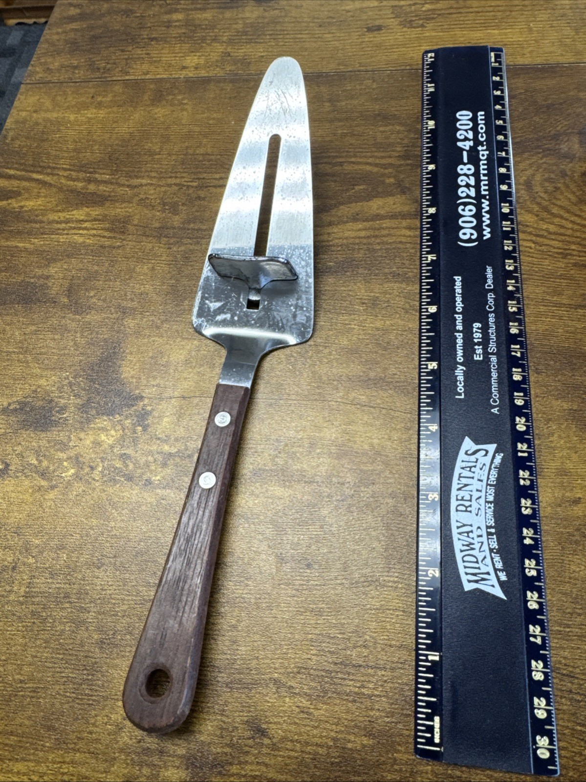 Vtg Sliding Cake/Pies Server Stainless Steel Wood Handle Made in Japan