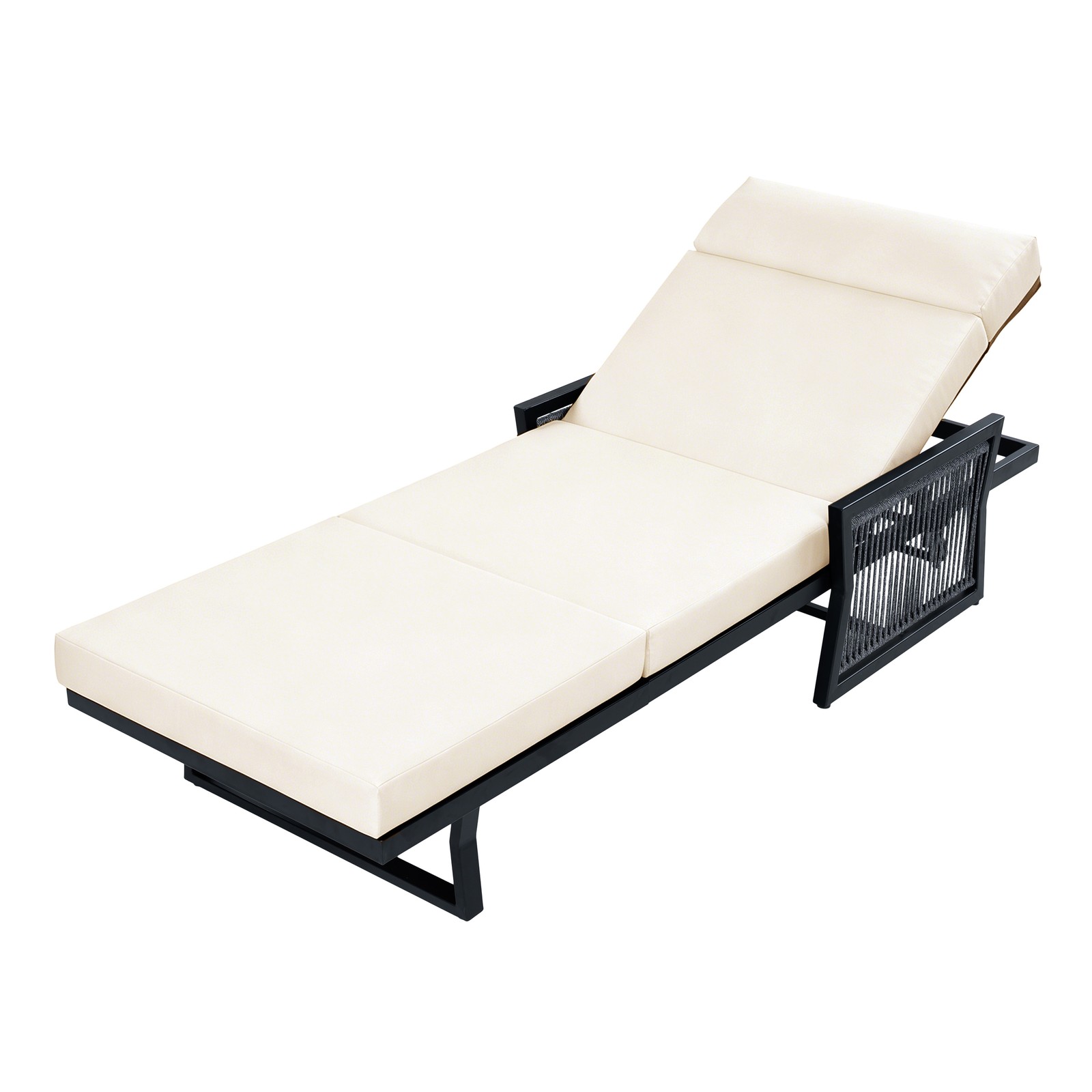 All-Black Chaise Lounge with 4″ Thick Beige Cushion, 400 lbs Capacity
