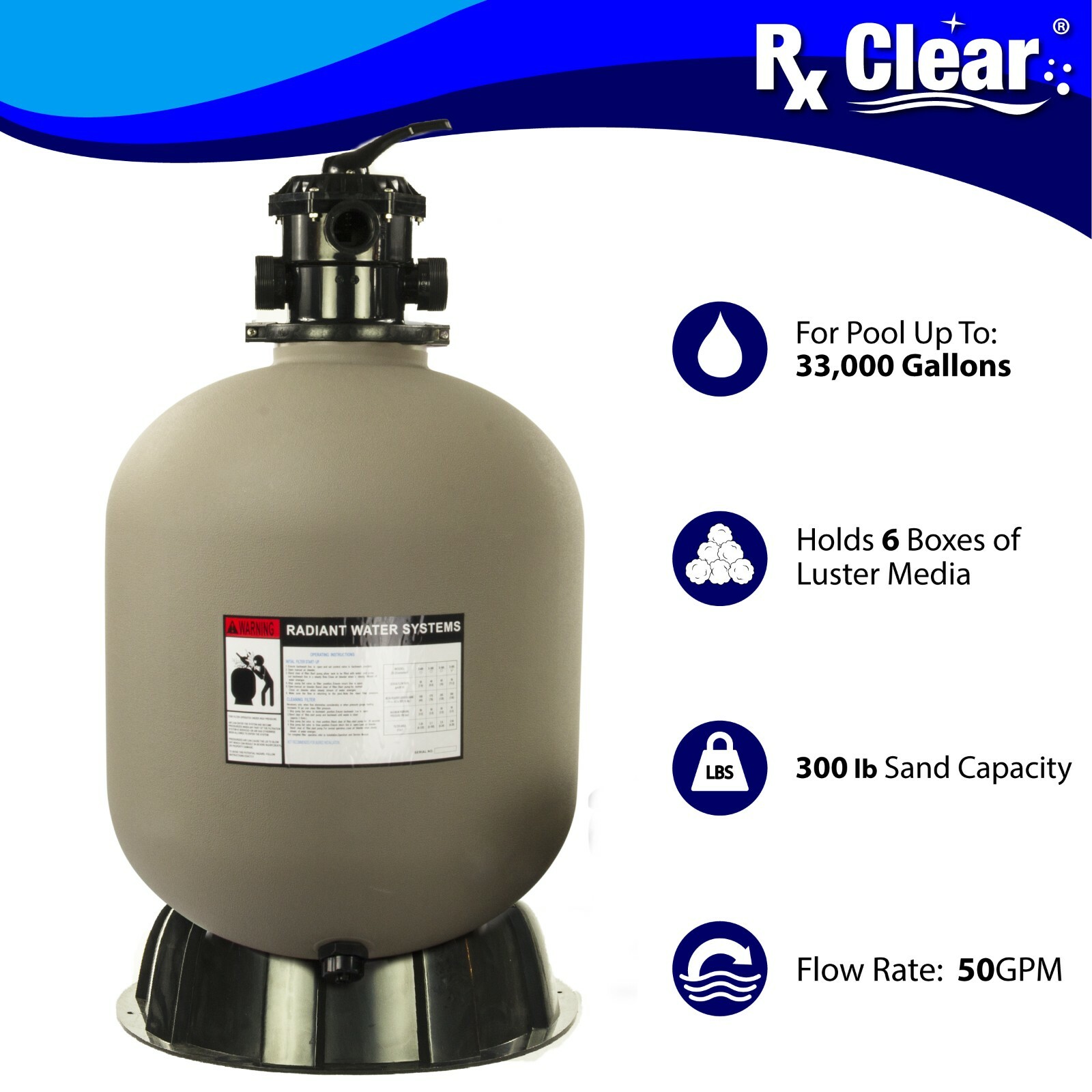Rx Clear Radiant 24″ Inch In-Ground Swimming Pool Sand Filter w/ 6-Way Valve