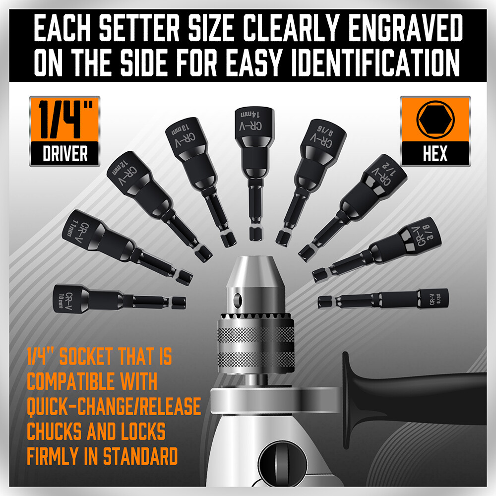 15pc Magnetic Nut Driver Setter Bit Nut Driver MM & SAE 1/4″ Shank Quick Change