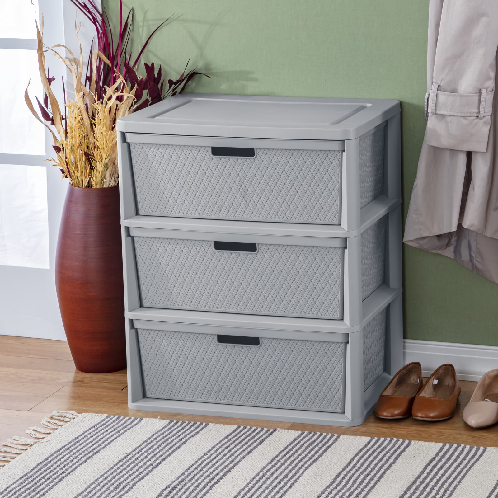 Wide 3 Drawer Tower, Plastic Storage Organizer with Removable Decorative Bins, E