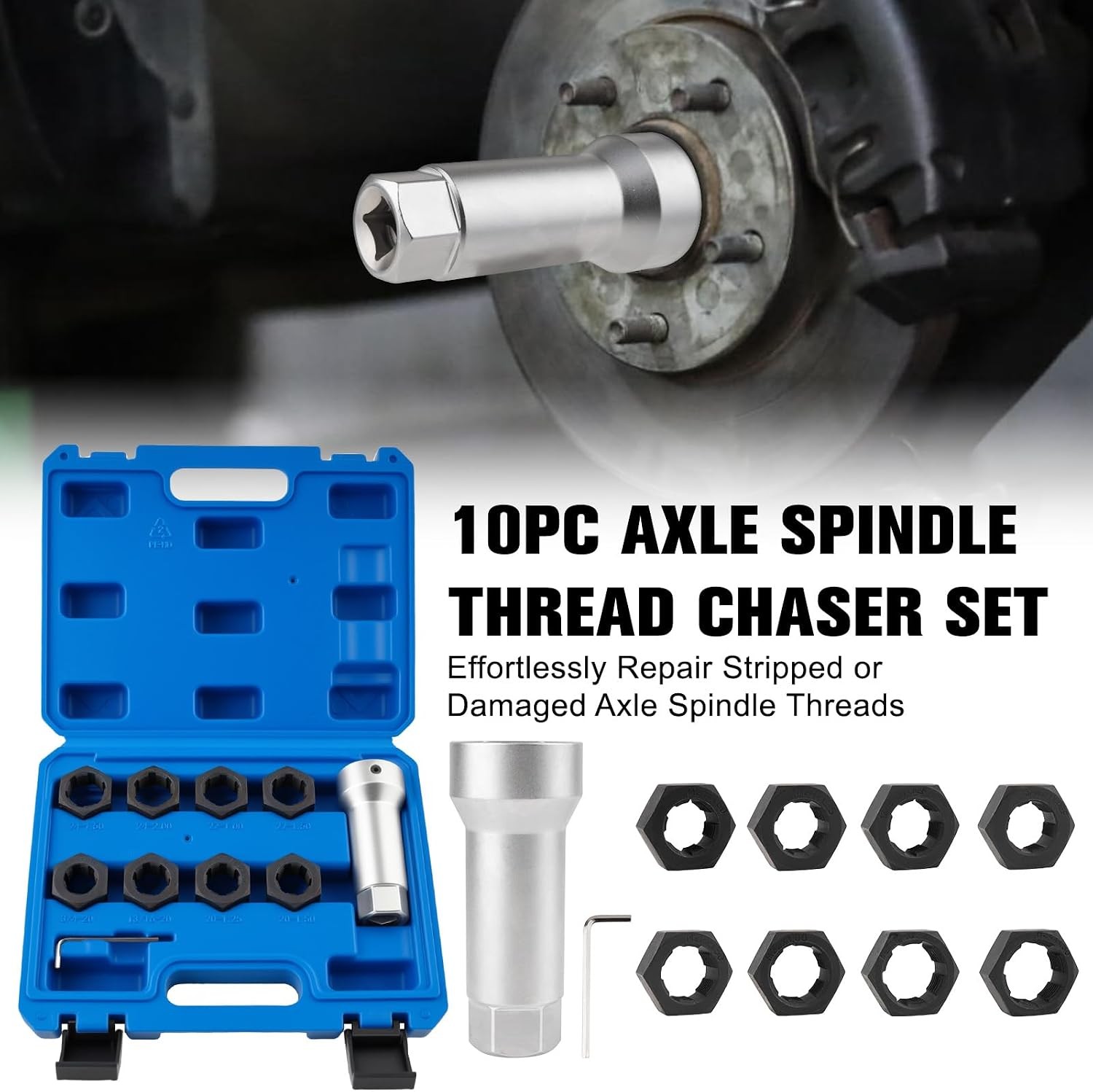 10-Piece Axle Spindle Thread Chaser Set | Includes 8 Dies & 1-1/16″ Extension Ba
