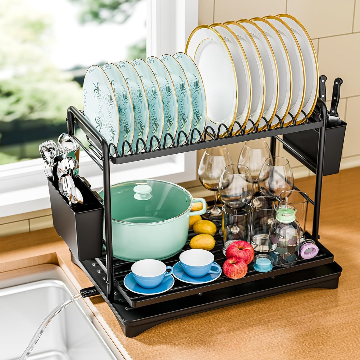 Stainless Steel 2 Tier Dish Rack Holder Kitchen Counter Drainer Board Black 12×1
