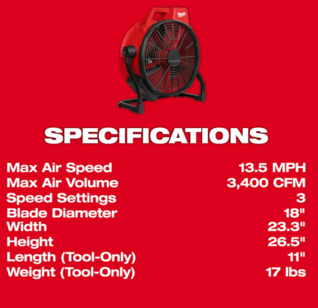Milwaukee Tool M18 18V 18 inch. Brushless Cordless Fan | 0821-20 | Pack of 1