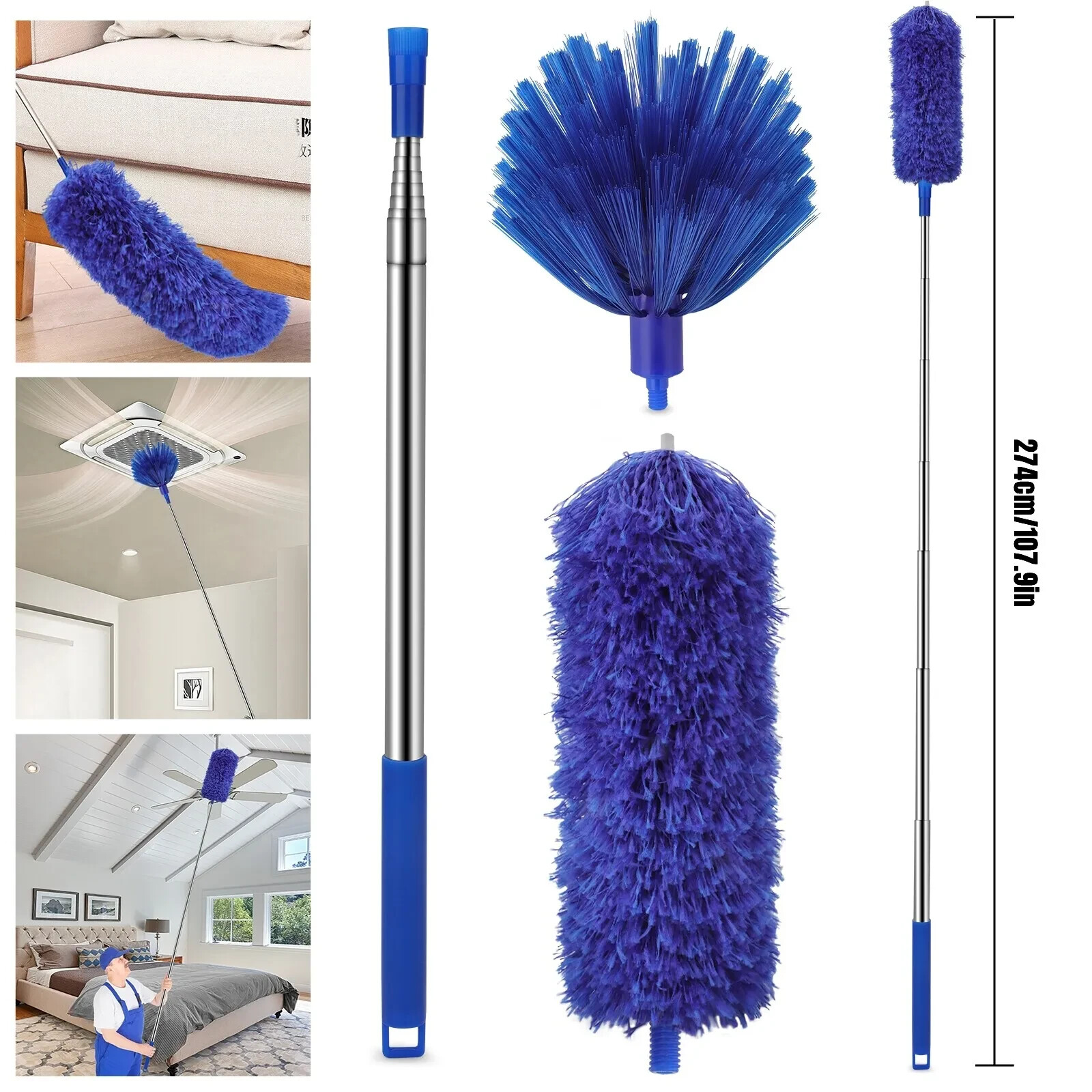 Microfiber Ceiling Fan Duster & Cobweb Cleaning Brush Cleaner Kit Extension Pole