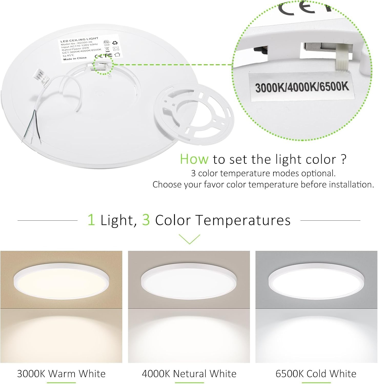 4 Pack 24W LED Flush Mount Ceiling Light Ultra Thin Round White 3000k/4000/6500K