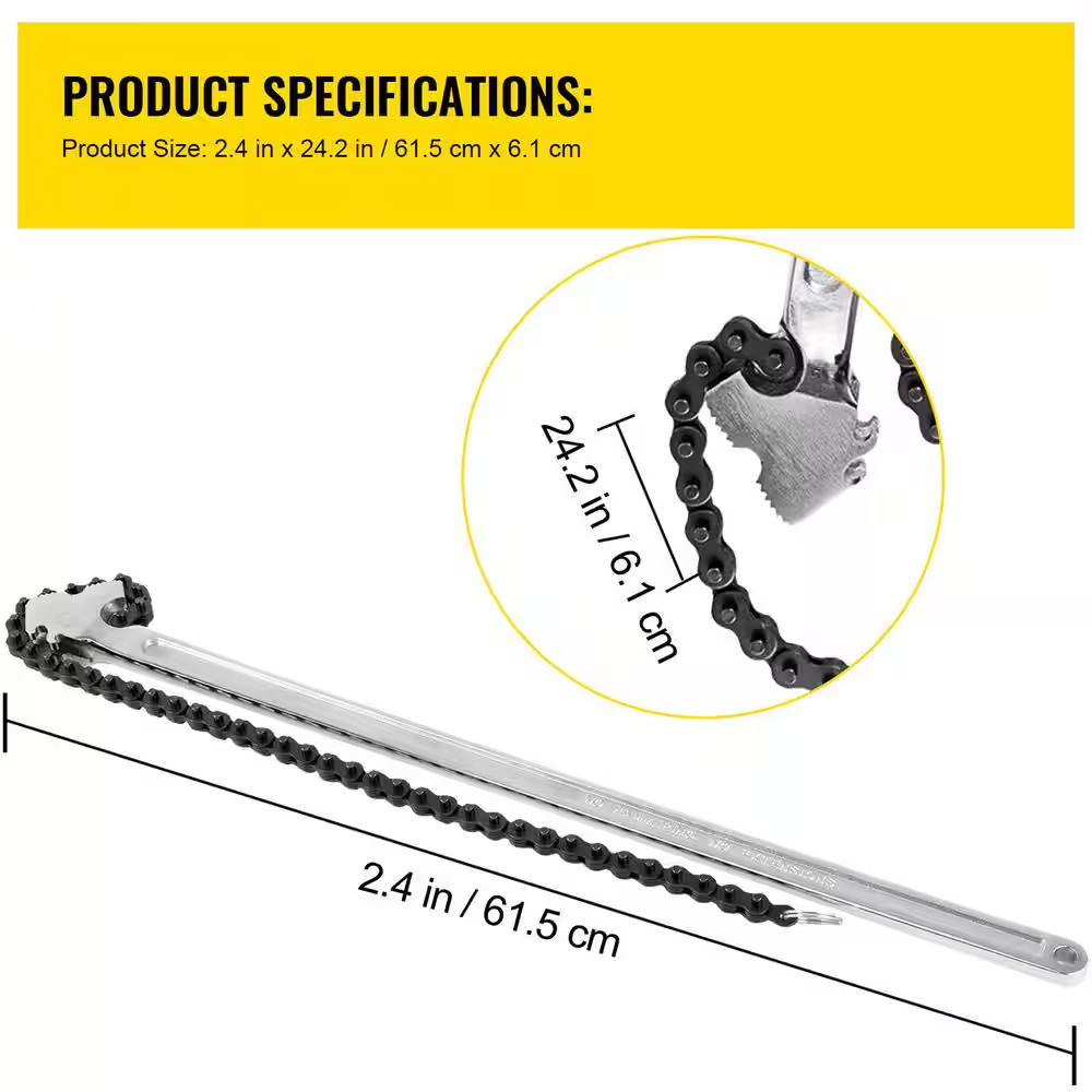 24 In. Heavy Duty Chain Wrench, Carbon Steel, 6.7 In. Capacity, Chain Strap Filt