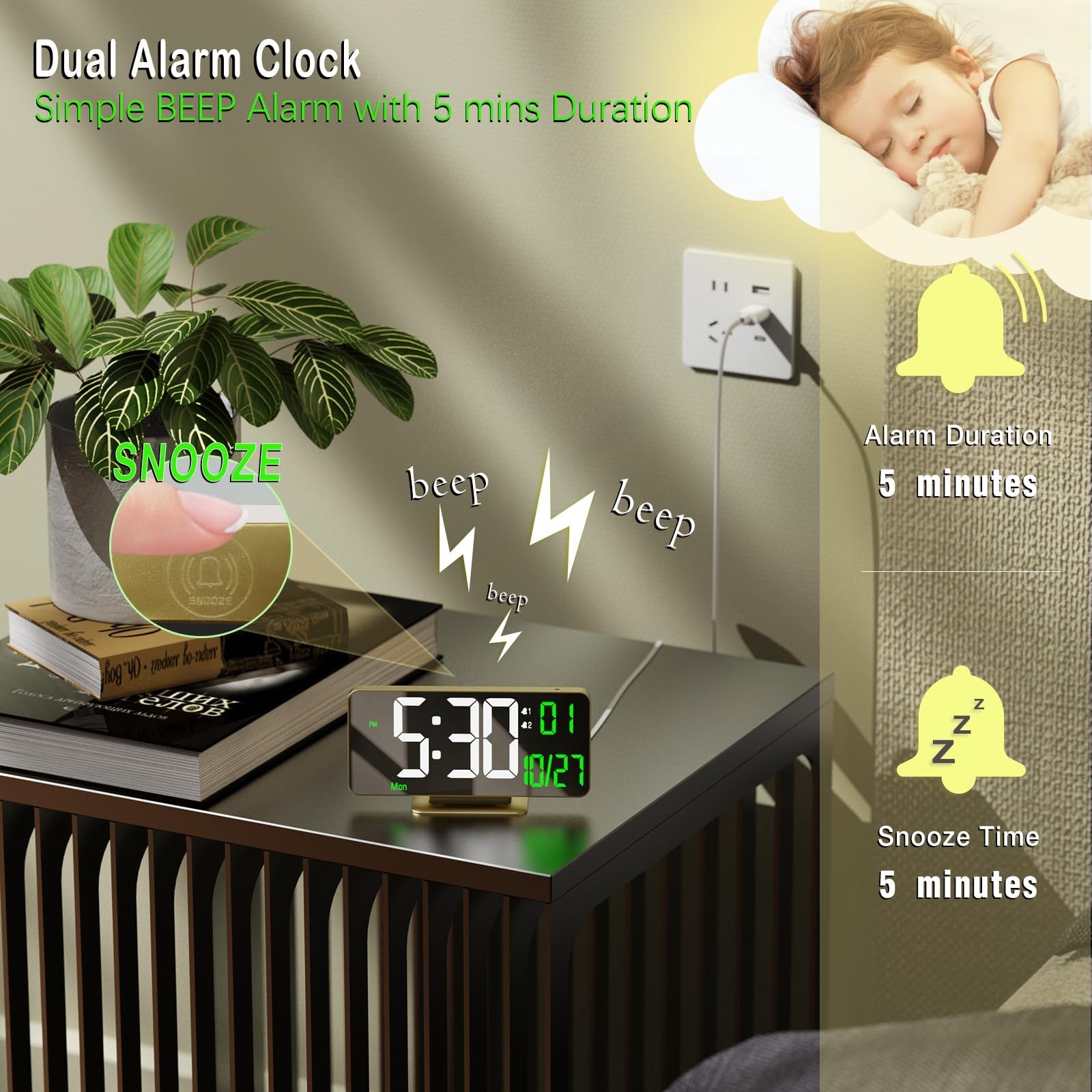 KOSUMOSU Desk Clock for Bedroom Accessories 6.7in Gold Digital Alarm Clock wi…