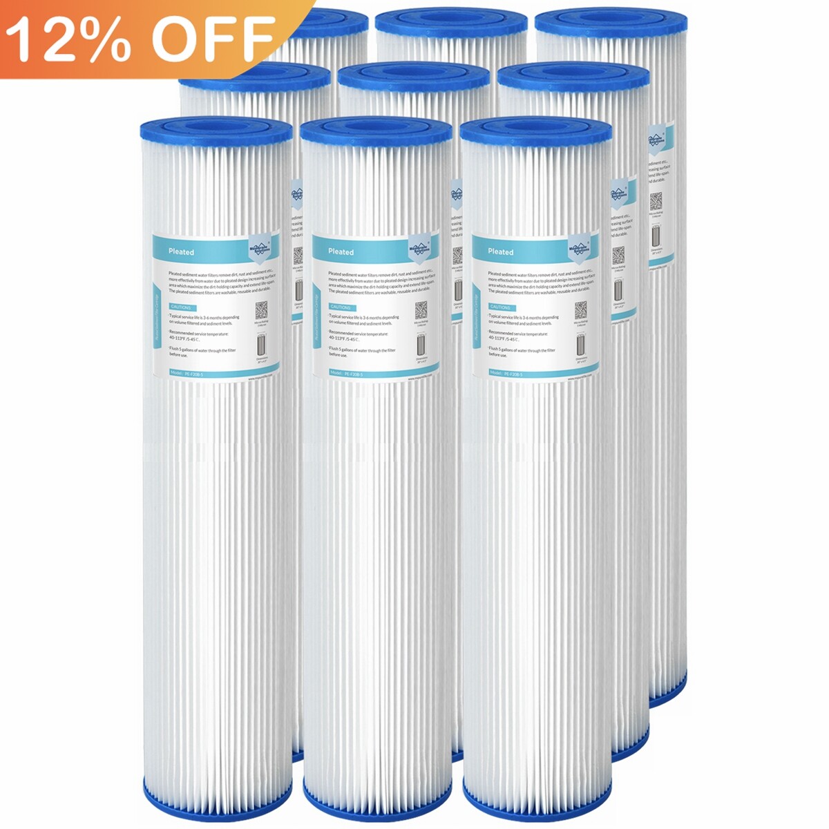 9PCS 20″x4.5″ Washable Pleated Sediment Water Filter 5/20/50 Micron for Big Blue