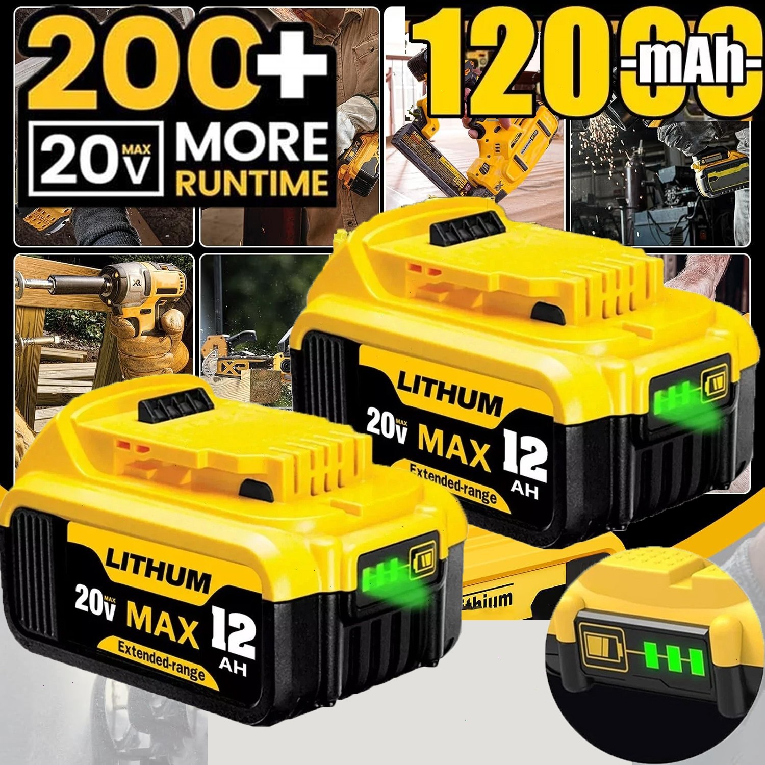 2Pack 12.0AH For DeWalt 20V 20 Volt Max XR Lithium Ion Battery DCB206-2 DCB205-2