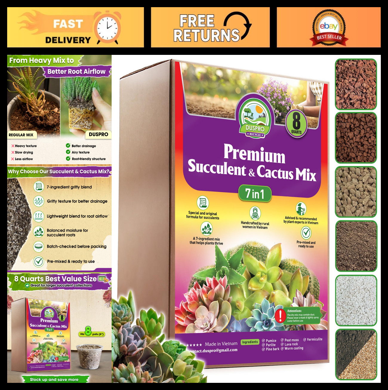 7-in-1 Cactus & Succulent Soil Mix, 8 QT, Well-Draining Potting Soil for Indoor/