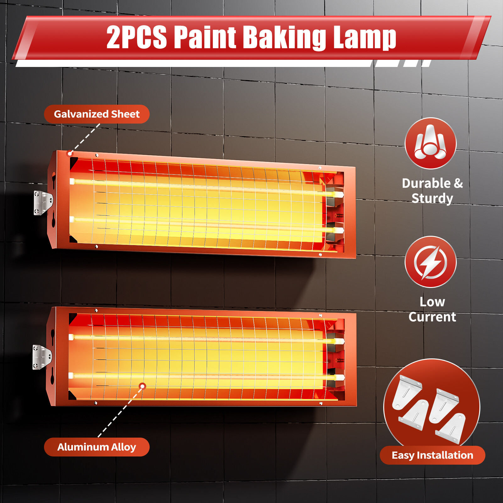 2Pcs 2000W Spray Baking Booth Infrared Paint Curing Light Heating Lamp Heaters