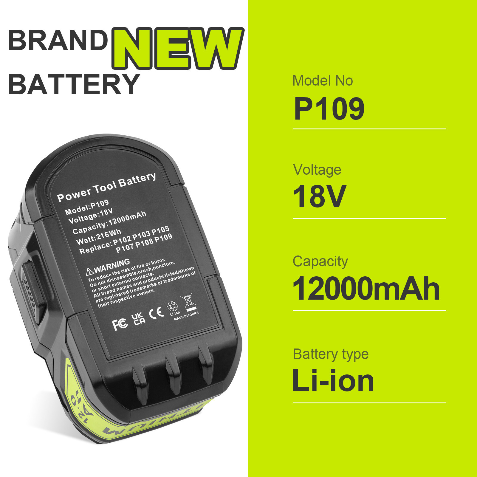 12.0Ah For RYOBI 18V P108 18 Volt High Capacity Battery Lithium-Ion RB18L60 P107