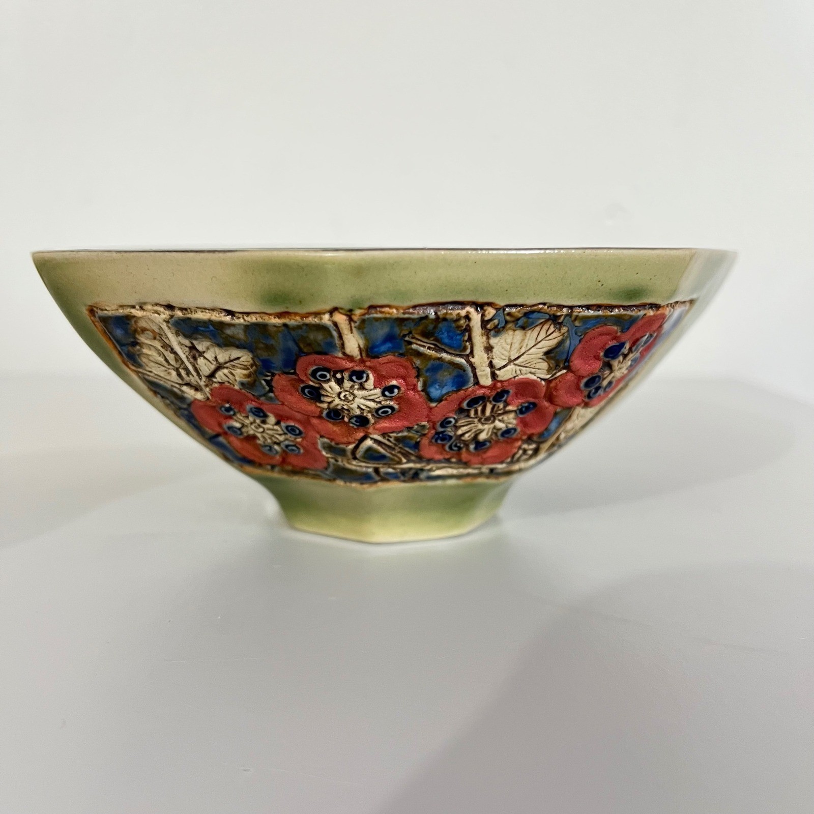 Malaysia Handicraft Pottery Bowl Red Poppies Blue Accents Octagonal Shape