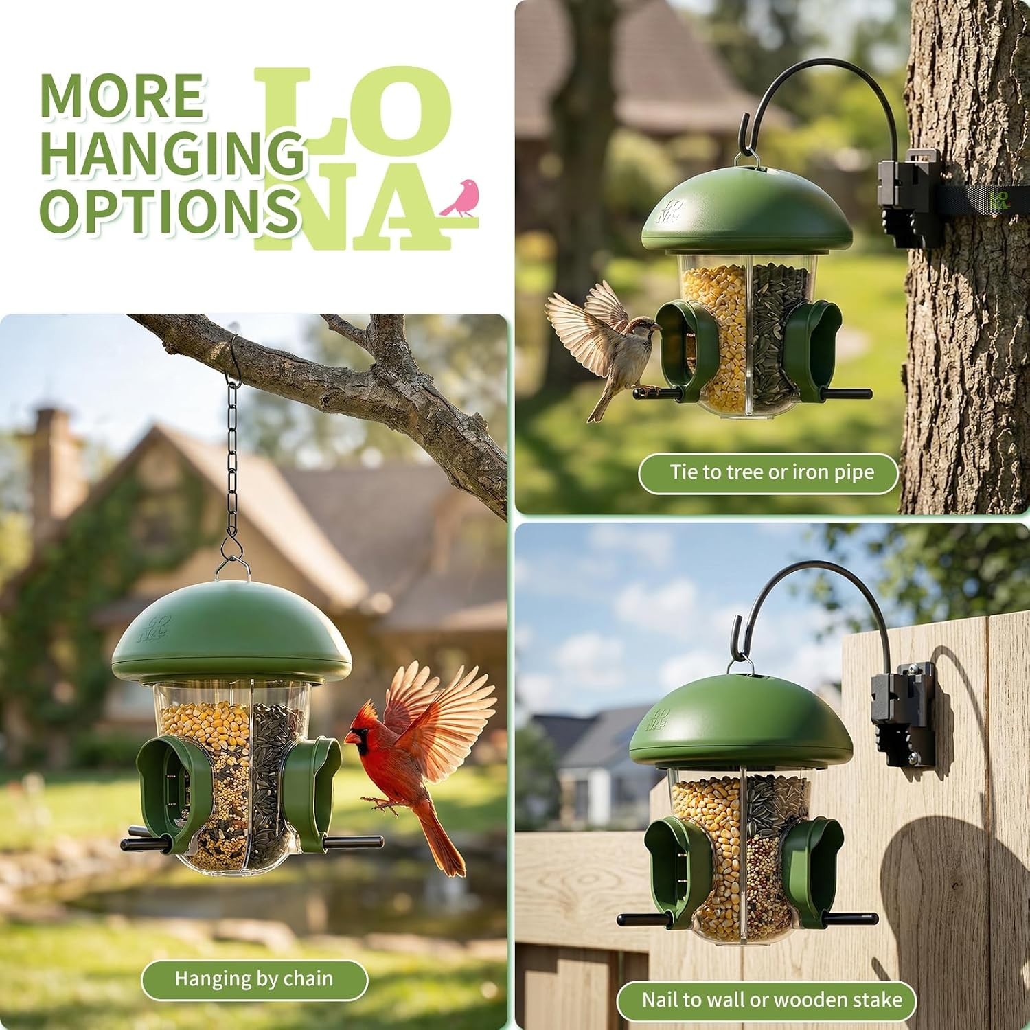 LONA Hanging Bird Feeder – Weatherproof, 3 Ports, 1.7 lb Capacity for Outdoors
