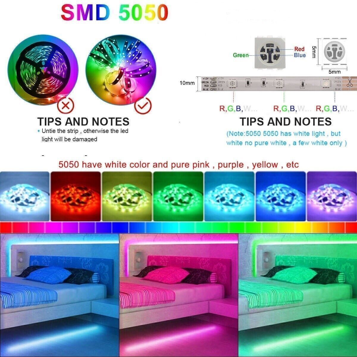 USA – LED Strip Lights 100ft 50ft 5050 RGB Room Light with Remote