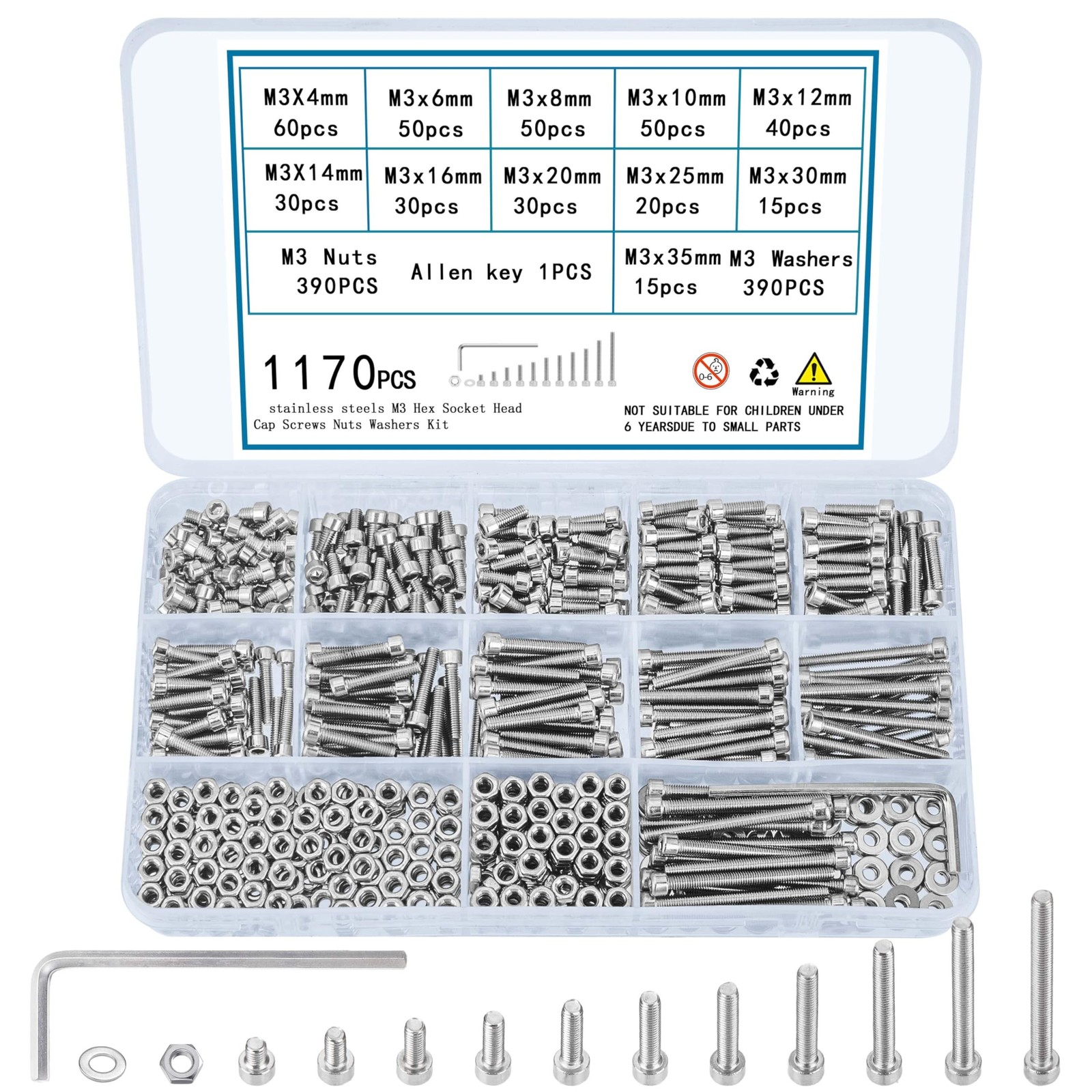1170 Pcs M3 Screws and Nuts and Washers Set, Hex Socket Head Cap Screws Nuts …