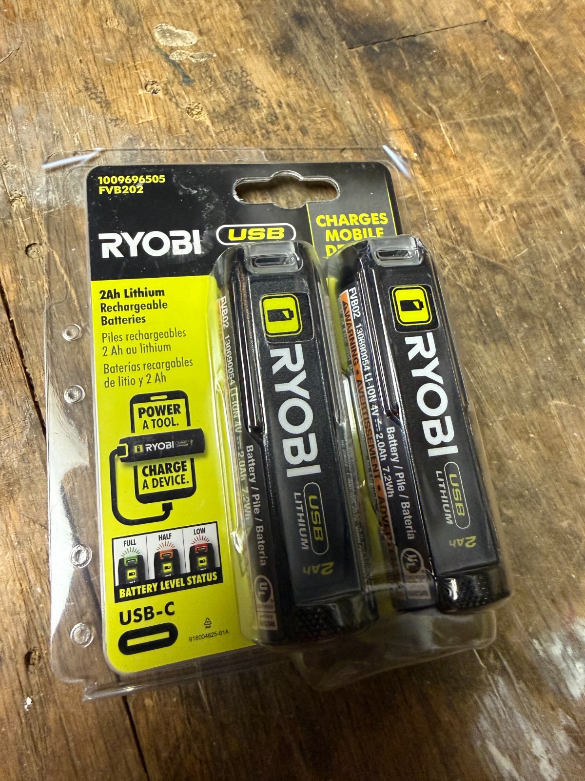RYOBI FVB202 USB Lithium 2Ah Rechargeable Batteries 2 Pack USB-C Battery OEM NEW