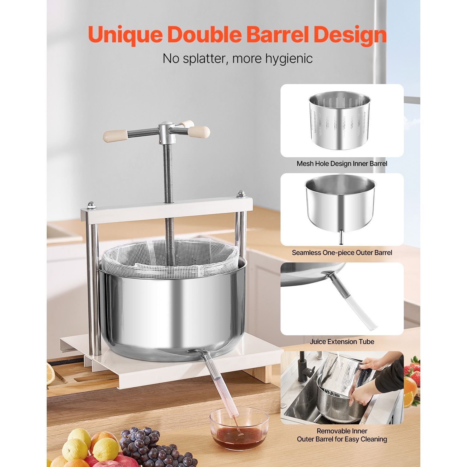 3.17 Gal Fruit Wine Press, 2 Stainless Steel Barrels, Manual Juice Maker for