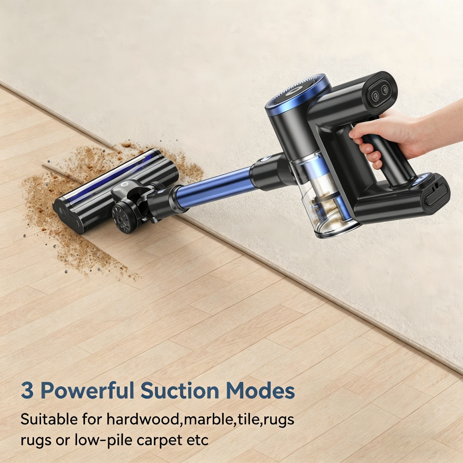 Cordless Vacuum Cleaner 65KPa Lightweight Pet Hair Carpet Hardwood Stick 1.5L
