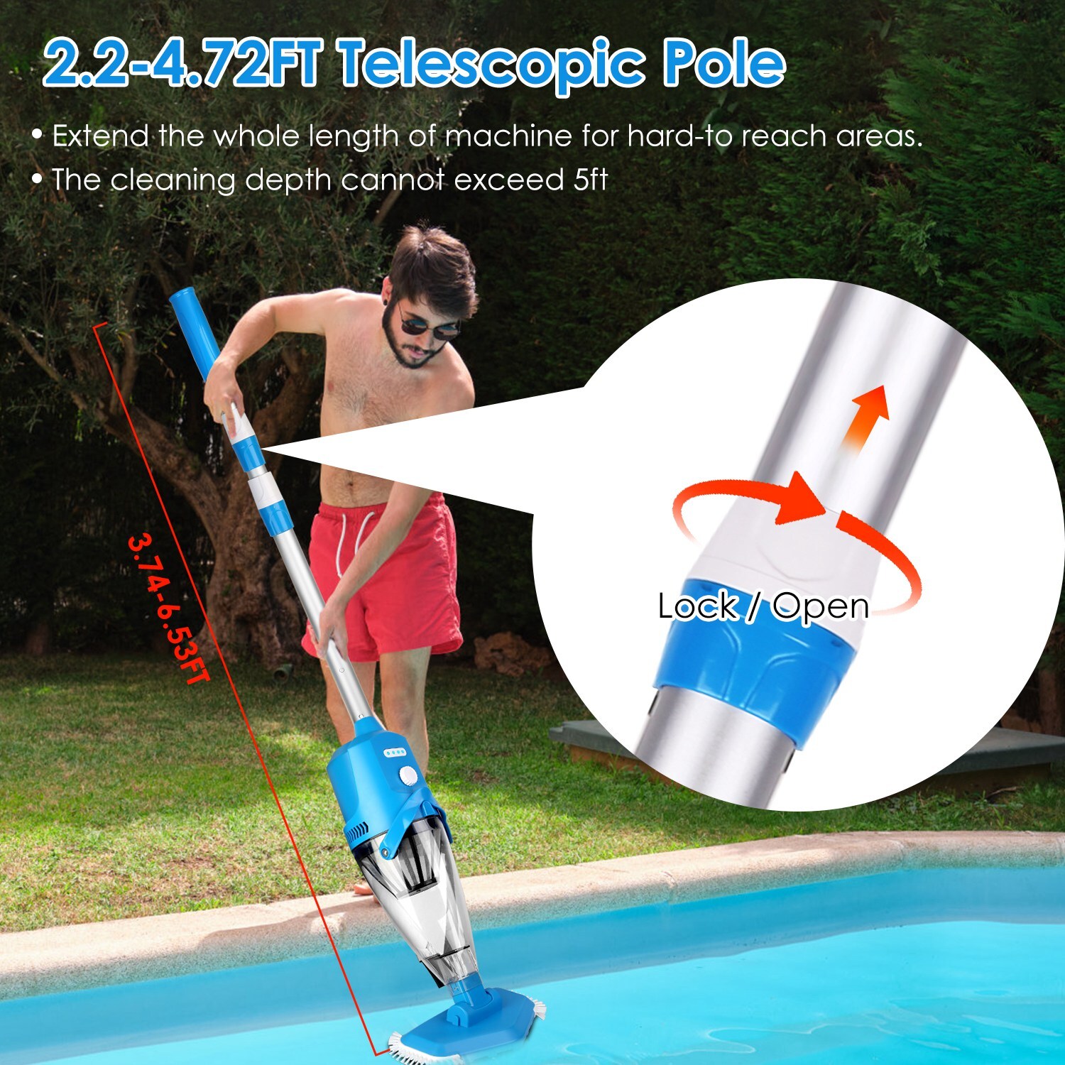 Cordless Pool Vacuum with Telescopic Pole Powerful Suction IPX8 Waterproof