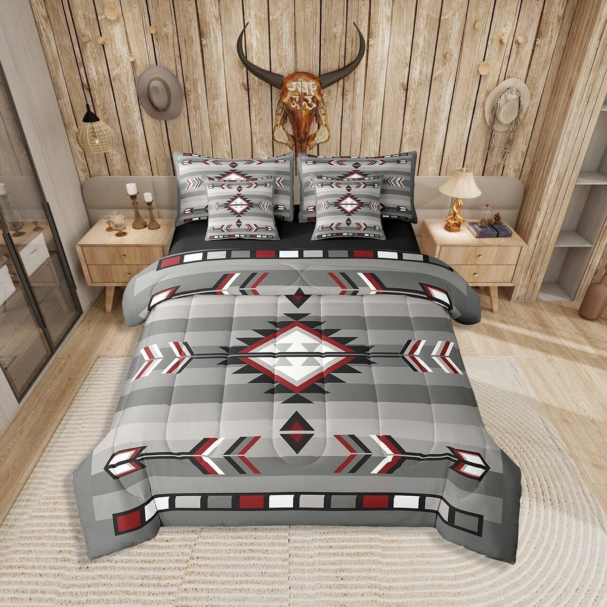 Queen Size Western Boho Bedding in Grey Red – 7 Piece Set for Rustic Charm