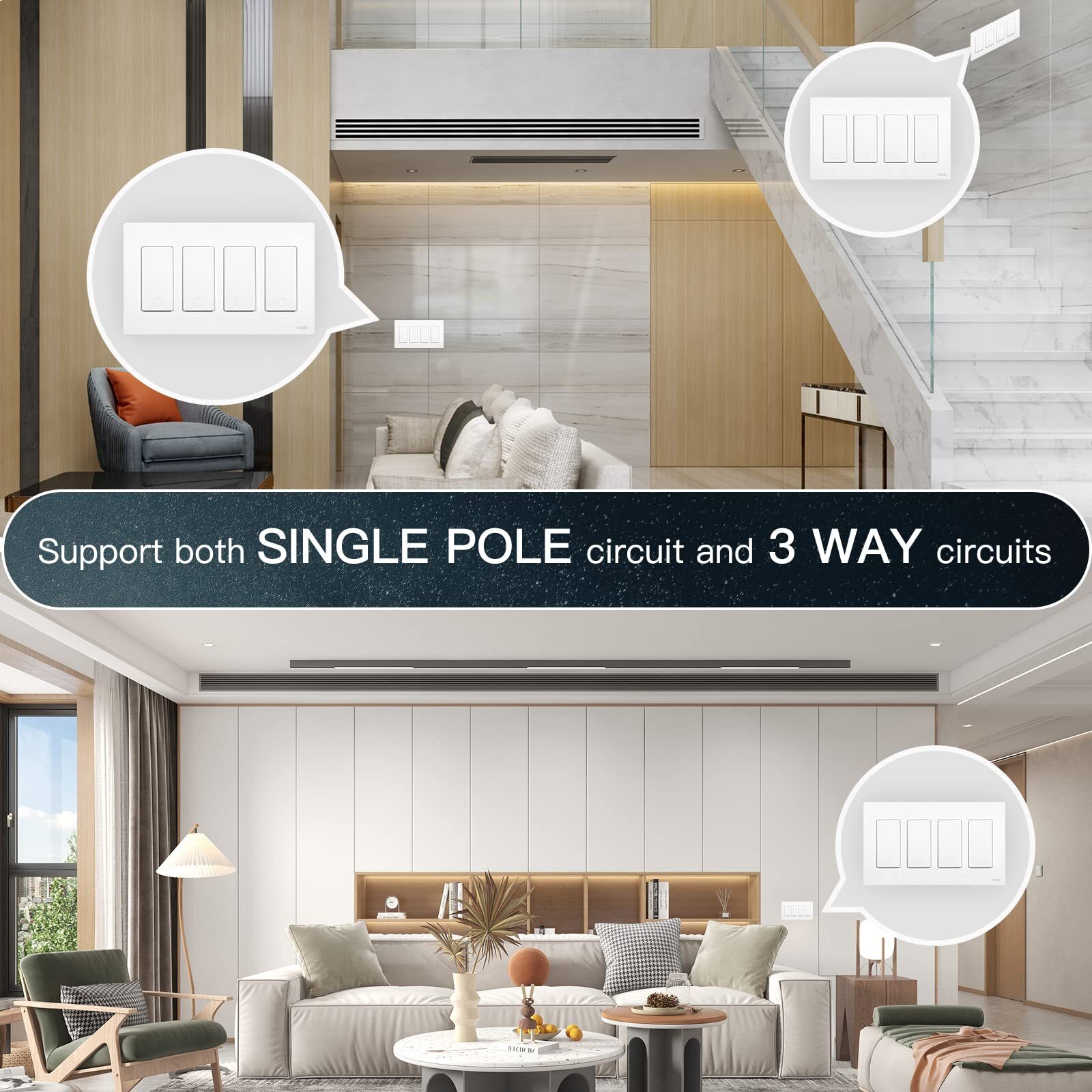 MOES 1/2/3/4Gang WiFi Smart Wall Light Switch 3 Way with Alexa Google APP Remote