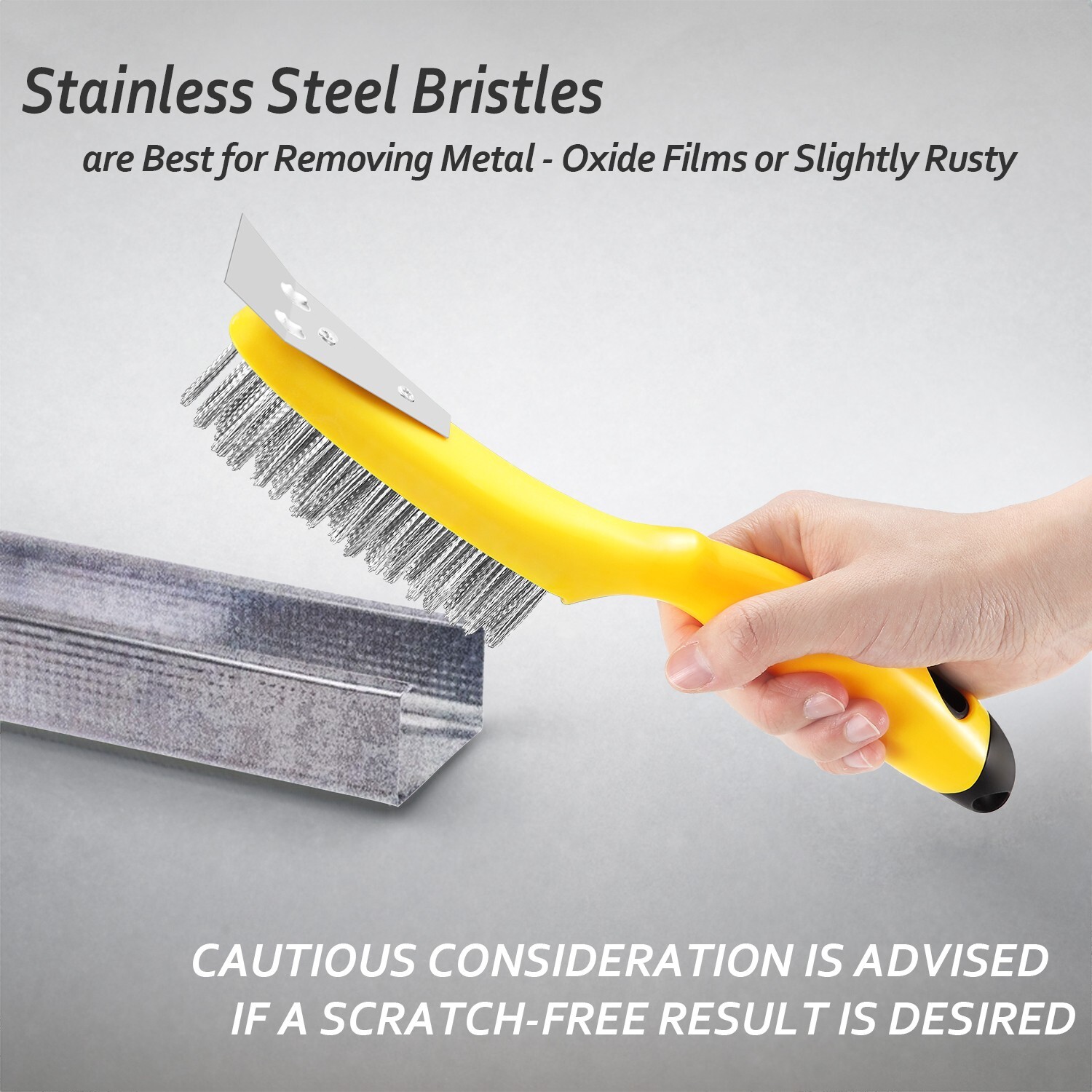 Wire Scratch Brush with Metal Scraper Plastic Handle Stainless Steel Bristles