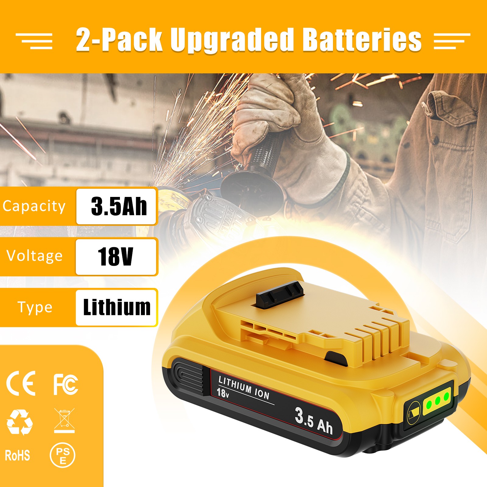 20V DCB201 For Dewalt 20 Volt Max Lithium 3500mAh Battery DCB203 DCB206 1-2Pack
