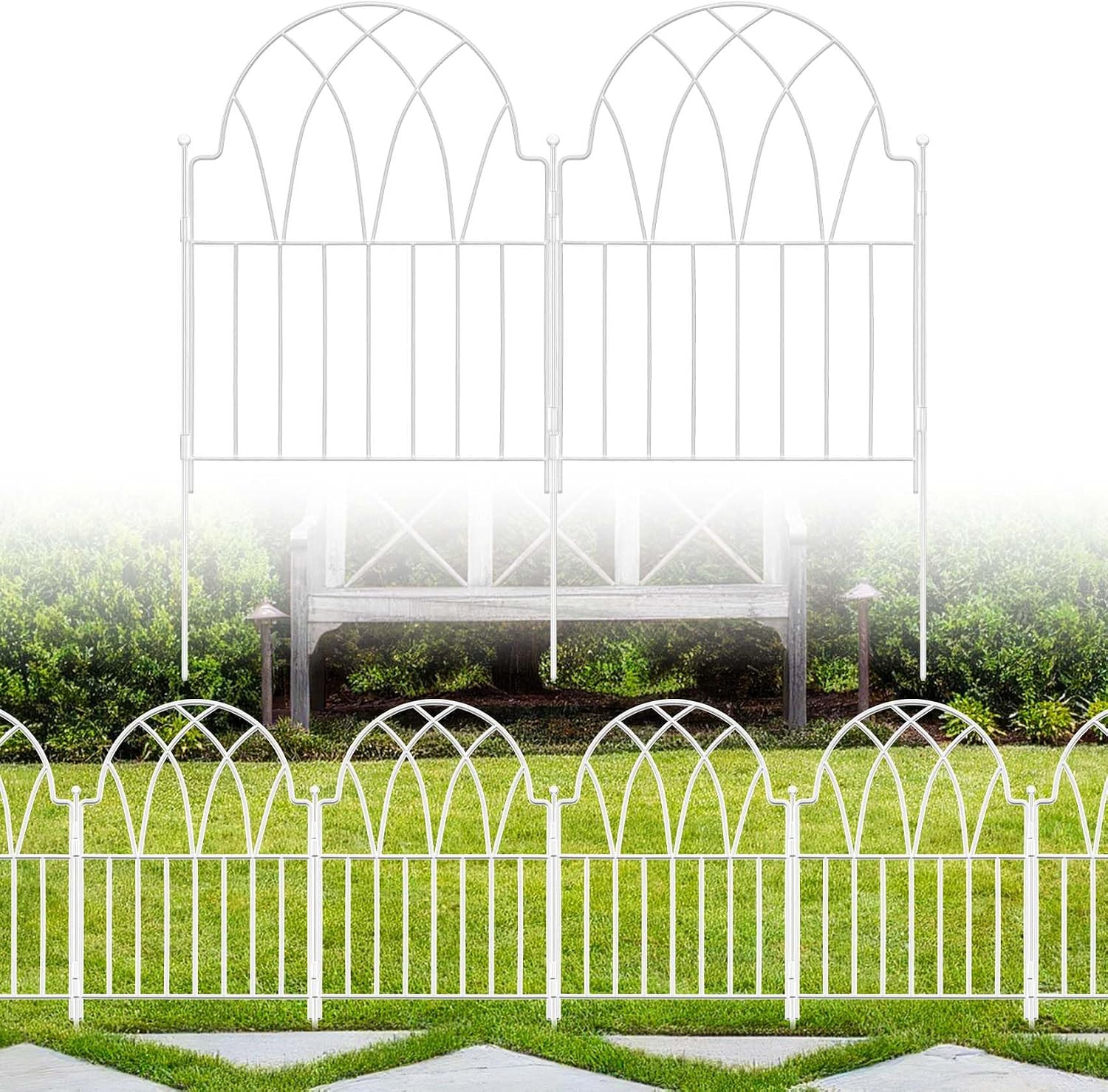 Garden Fence Panels – 17 In(H) X 20.07Ft(L) White Metal Fence No Dig Decorative