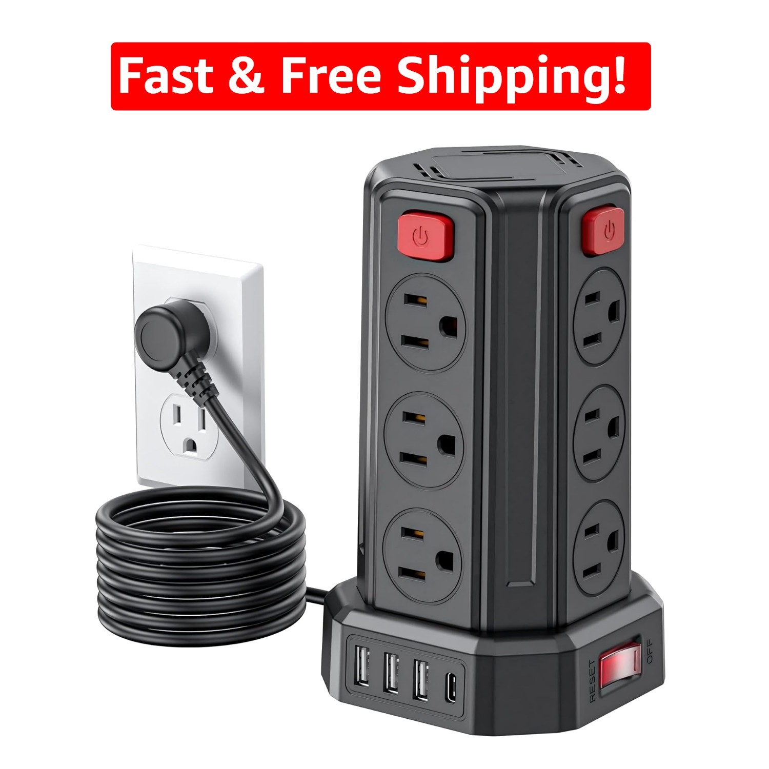 Compact 12-Outlet Power Strip with 4 USB Ports – 6.5 Ft Surge Protection Tower
