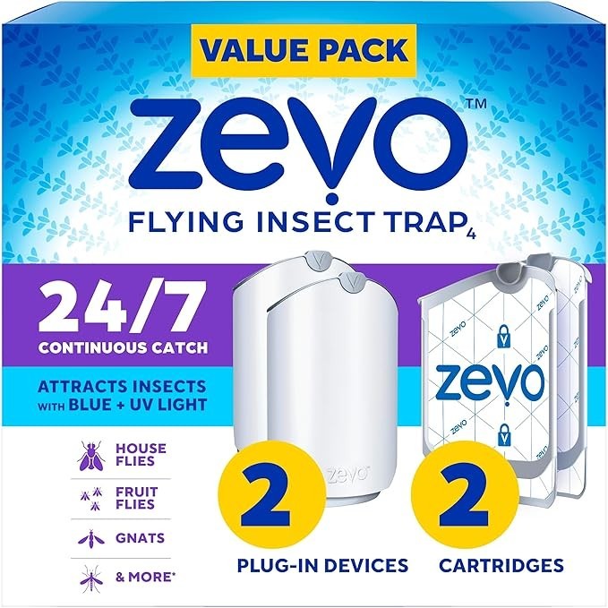 Zevo Flying Insect Trap Starter Kit – 2 Plug-in Bases + 2 Refill Cartridges-UV