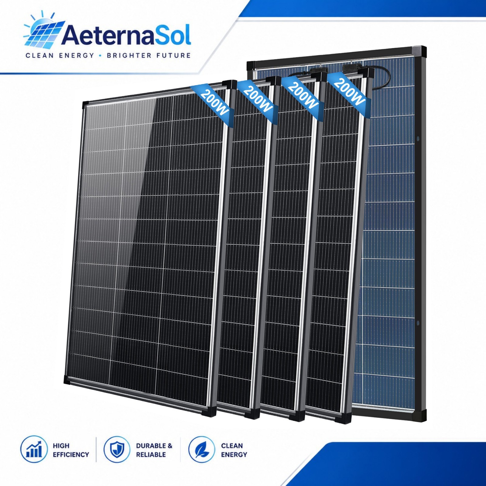 AeternaSol 4Pack 200W Bifacial Solar Panel 800W N-Type 18V Mono Off Grid Roof RV