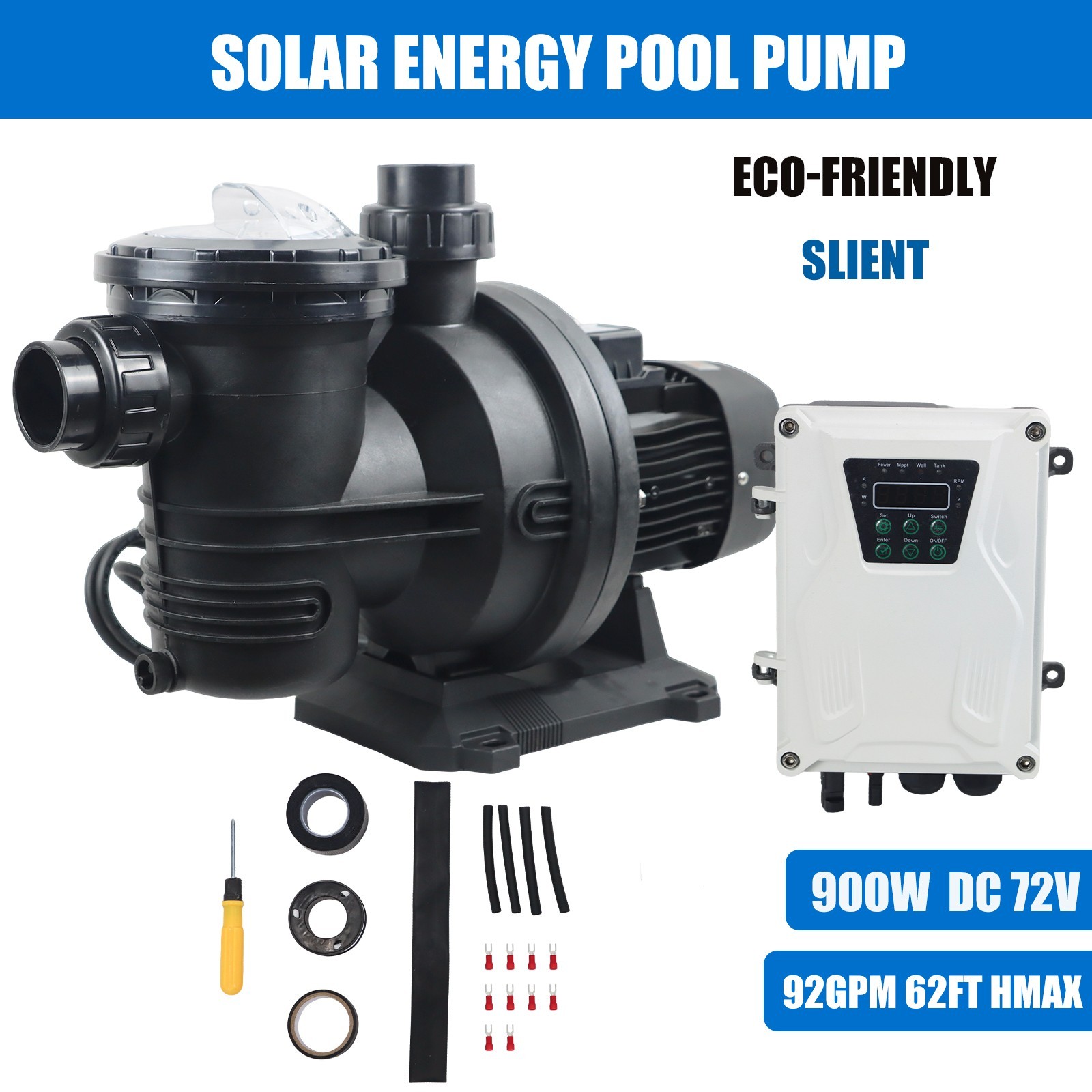 900W Solar Pump Inground Swimming Pool Pump DC72V Brushless Motor 92GPM 62′ Hmax