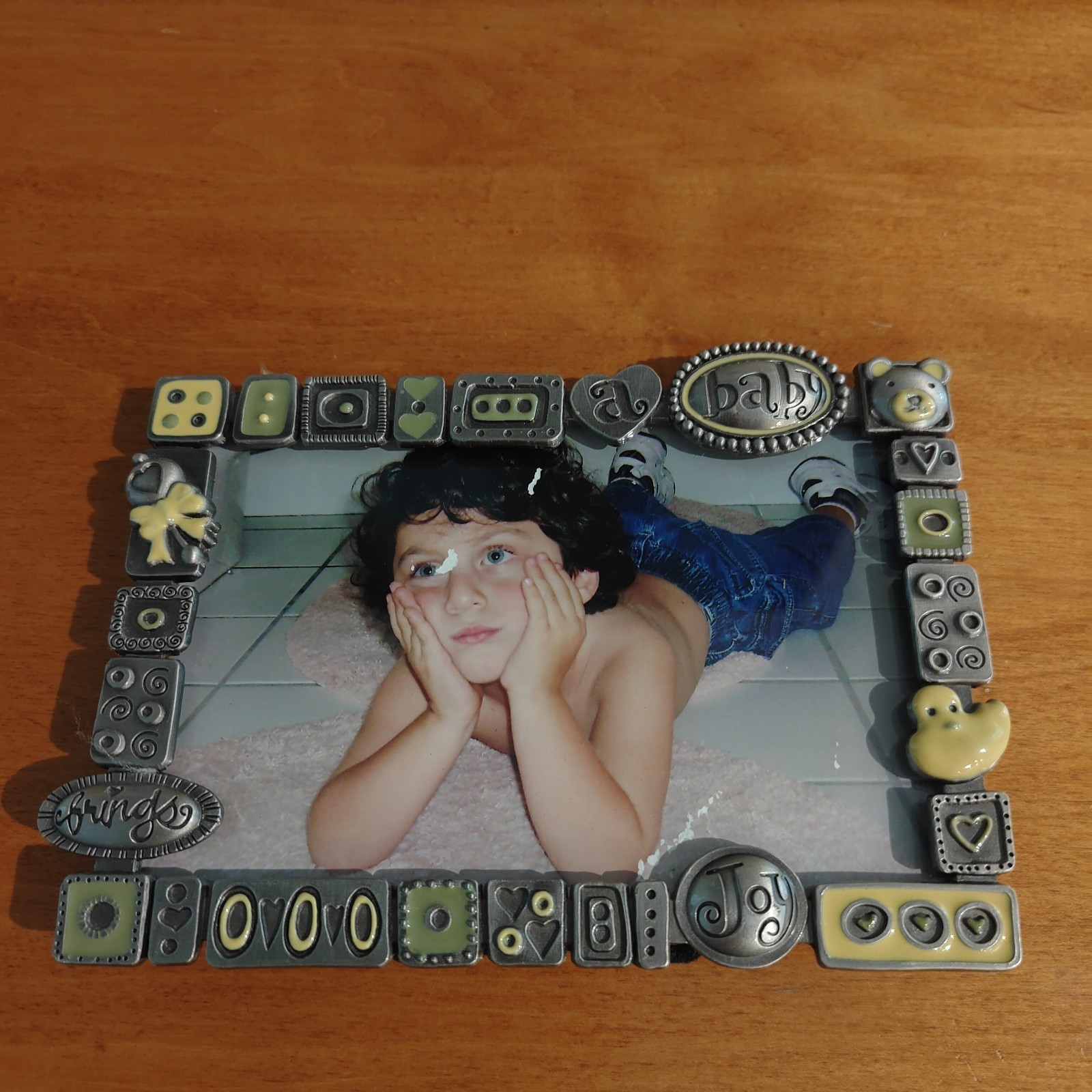 FETCO Pewter & Enamel “Baby Brings Joy” Unisex Photo Frame 4×6 Baby Nursery