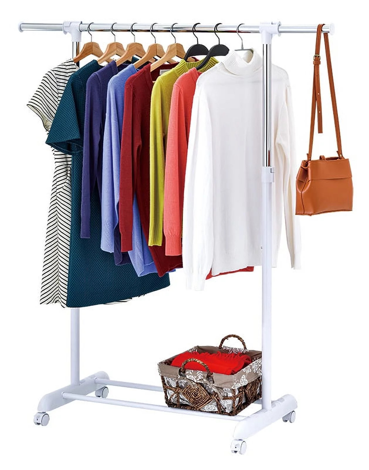 Adjustable Metal Rolling Garment Clothes Rack, Chrome & White