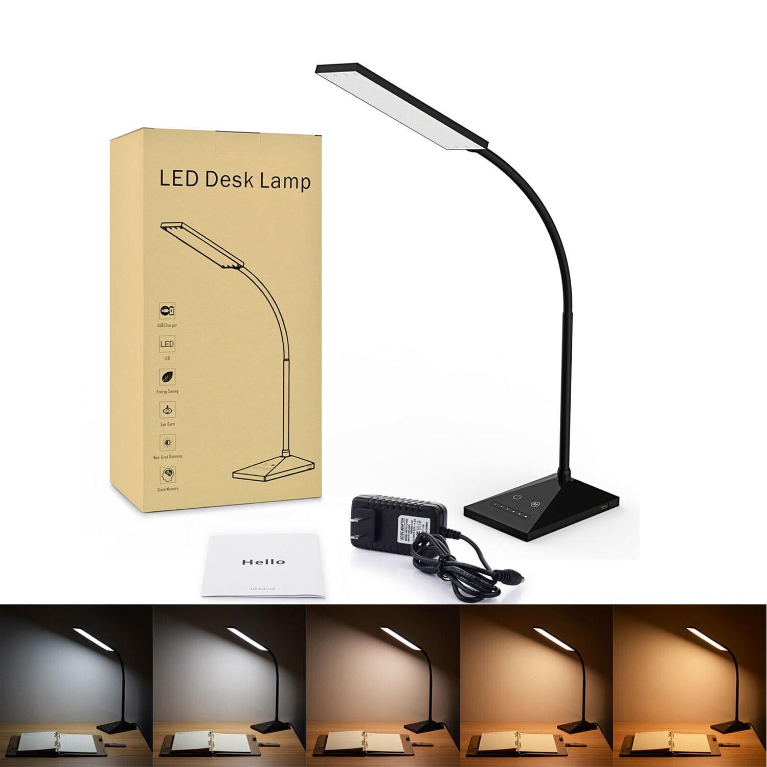 Dimmable LED Desk Table Lamp with USB Charging Touch Control USB Table Base Lamp