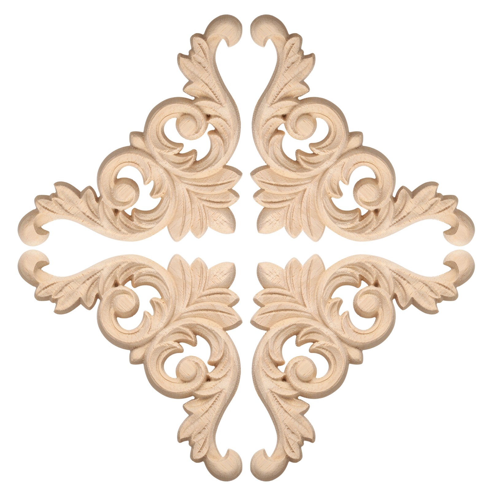 4Pack Carved Wood Appliques Onlays 8x8cm Unpainted Corners Carvings Decals