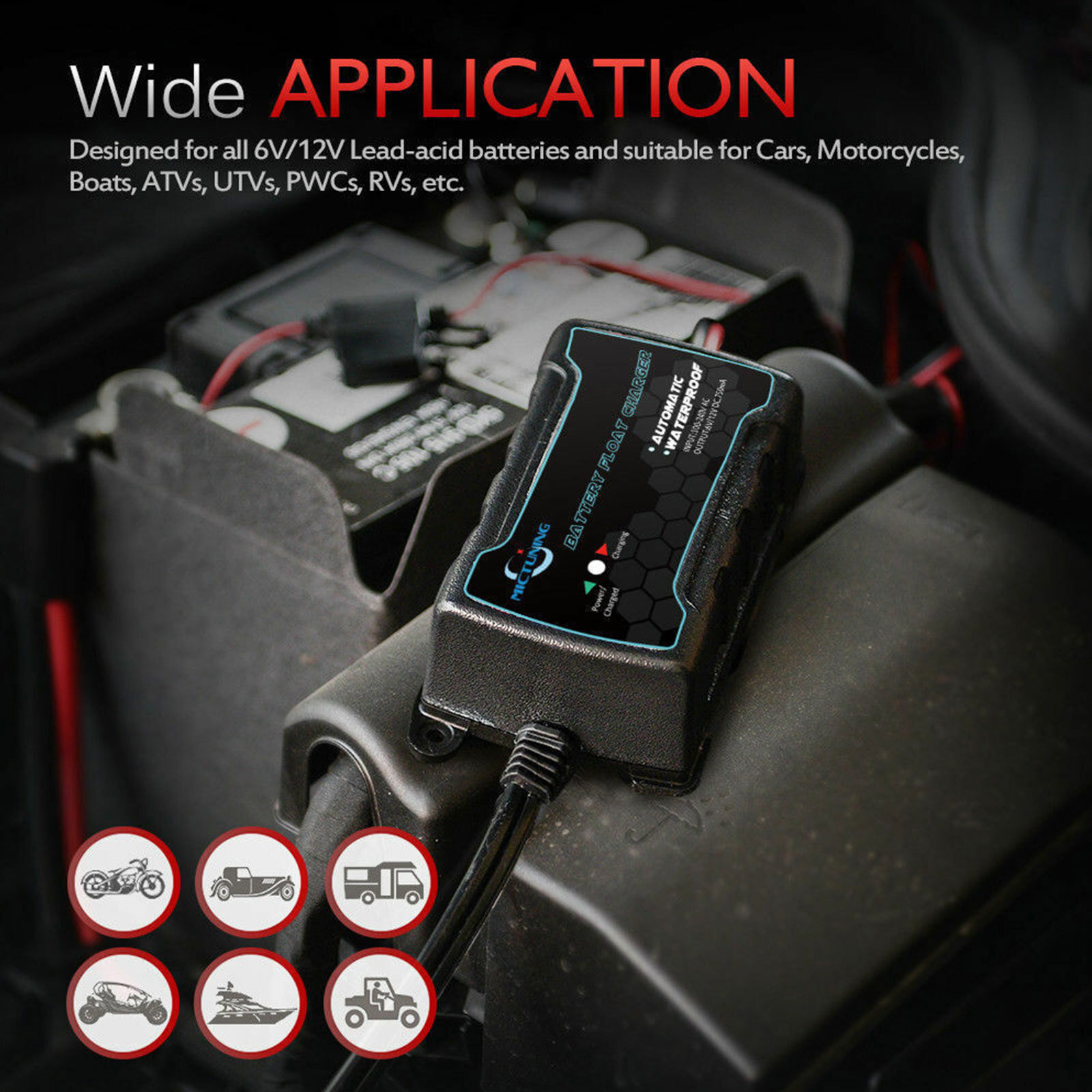 6V/12V 1A Smart Battery Charger, Charger and Maintainer For Car SUV Motorcycles