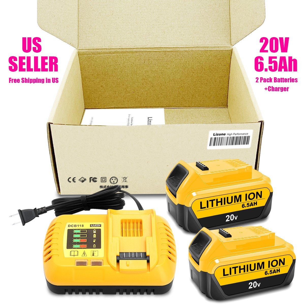 2PACK 6.5Ah Battery and Charger For DeWalt 20V Max 6.0Ah Battery DCB206-2 DCB205